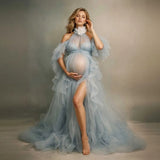MQTIME  -  Fairy Blue Sheer Tulle Maternity Dress Photoshoot 3D Floral Ruffle Slit Pregnancy Dress платье для беременных