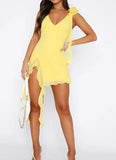 MQTIME  -  Summer Sexy Girl V-Neck Solid Mesh Tassel Mini Dress New Style Fashion Slimming Sweet Asymmetrical Ruffled Dresses for Women