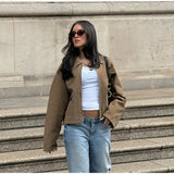 MQTIME  -  Chic Suede Short Jacket Woman Lapel Zipper Pocket Long Sleeves Solid Coats 2025 Autumn Casual Streetwear Lady New In Jackets