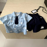  MQTIME  -  Boys' Suit Spring and Summer New Children's Wear Korean Boy Baby Cartoon Cloud Tie Shirt Shorts Two-piece Set Simple