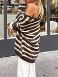 MQTIME  -  Autumn Winter New Fur Soft Button Jumpers Vintage Stripe Print Long Sleeve Cardigans Elegant V-neck Women's Commute Sweater Coat