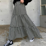 MQTIME  -  Maxi Gingham Skirt Women Ankle Length Cotton-linen Black & White Plaid Elastic Waist Tiered Pleated Long Skirt Ladies falds