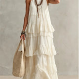 MQTIME  -  Sleeveless Tiered Ruffle Maxi Dress Round Neck Crinkle Flowy Loose Bohemian Casual Layered Swing Dress for Summer Women