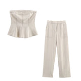 MQTIME  -  Elegant Pleated Vest Wide Leg Trousers Set Women Fashion Ruffled Off Shoulder Tank Top Loose Long Pants Suits 2025 Summer New