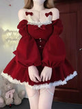  MQTIME  -  Winter Christmas New Year Red Slim Dress Women Fashion Elegant Off Shoulder Velvet Dresses Vintage Warm Bow Design Full Dress