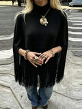 MQTIME  -  Fringe Hem High Mock Neck Women Poncho Loose Batwing Sleeve Relaxed Oversize Sweater Straight Fringe Hem Top City Street Wear