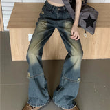 Mqtime Vintage Y2K Distressed Hole All Match Washed Jeans Women  Summer New High Waist Bleached Loose Casual Wide Leg Pants