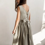 MQTIME  -  Vintage Cotton Linen Girls Sleeveless Dress Chic Open Back Buttons Bandage Bow Sweet Loose Wending Evening Party Dresses