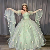 MQTIME  -   Sage Green Sweet Princess Quinceanera Dress Bead Appliques 3D Flower Vestidos De Birthday Party Graduation Ball