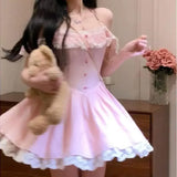 MQTIME  -  Sweet Neckline Mini Dress Women's Short Skirt Design Lace Trim Waist Cinching Summer New Style Age Defying Fashionable Dress
