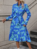 MQTIME  -  Office Lady Shirts Dress 2024 New Autumn Fashion Printed Long Sleeves Tied Waist Lace-up Casual Elegant Midi Dresses
