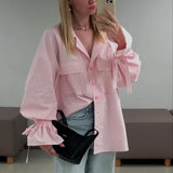 MQTIME  -  Striped Commuter French Shirt Women's Spring and Autumn New Printed Lapel Flared Sleeve Loose Pocket Shirt
