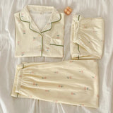 MQTIME  -  Summer Floral Tee-Piece Set Sweet ort Sve Long Pants Spwear Women Thin Cardigan Home Clothes plus Size Cotton Fabric