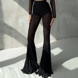 MQTIME  -  Women's Casual Patchwork Pleated Flared Pants Perspective Mesh Slim Trousers New Summer Elastic High Waist Club Long Pants