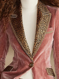 MQTIME  -  Vintage Leopard Printed Patchwork Velvet Jacket Casual Long Sleeve Slim Commute Coat Autumn Winter New Women's Button Outerwear