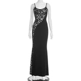 MQTIME  -  Lace Patchwork Bodycon Camisole Maxi Dress Women Fashion Spaghetti Straps Backless Slim Birthday Party Long Robe Evening Gown