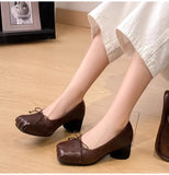 MQTIME  -  Fashion Square toe Bowknot Soft Leather Women Pumps Spring Summer Ballet Style Thick High heels Casual Chunky Loafer Shoes