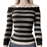  MQTIME  -  Women Long Sleeve Knit Tops Off-Shoulder Striped Casual Pullovers Sweater Fall Shirts  Y2K Aesthetic Clothes Streetwear