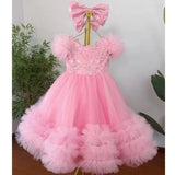 MQTIME  -  Customized Blush Flower Girl Dresses Tulle Flory Aplliques With Bow Short Sleeve For Wedding Birthday Prom Holy Communion Gowns
