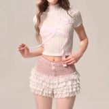 MQTIME  -  Pink White French Spring and Summer New Lace A Word Cake Skirt Ballet Half Body Shorts Skirt Slim Fit