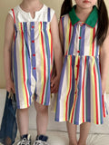 MQTIME  -  Siblings Clothing 1-10Y Girls' Striped Sleeveless Lapel Dress Boys' Straps Overall Shorts Summer Children's Clothes