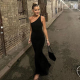  MQTIME  -  Elegant One Shoulder Black Cut Out Maxi Dress Sleeveless Outfits Women Clothes Sexy Backless Club Party Dresses