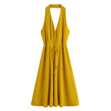 MQTIME  -  Halter Dress With Belt for Women Backless V Neck Women's Midi Dress With Adjustable Tie Belt Female Party Dresses