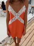 MQTIME  -  Sexy Blue Satin Lace Slip Mini Dress Women Spaghetti Strap V Neck Hollow Out Bodycon Dresses Lady Summer Beach Short Gown