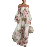 MQTIME  -  Temperament print spring fashion new dress elegant high street style one shoulder lantern sleeve cinched waist dress