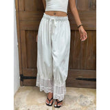 MQTIME  -  Women Mesh See-through Floral Lace Patchwork Ruffle Hem Bloomer Pants Loose Drawstring Elastic Waist Cropped Trousers