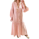 MQTIME  -  V Neck Beach Dress Long-sleeved Soft Pink Maxi Dress Femme Cotton and Linen Boho Dress Chic Solid Color Ruffled Robes