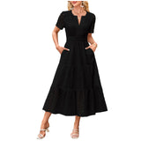 MQTIME  -  Summer New Women Short Sleeved Long Dress Trendy V-Neck Hollow Eyelets Ruffle Hem A-Line Dresses Pockets Female Vestidos