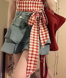 MQTIME  -  Fashion Sweet Puff Sleeve White Blouse Y2k Aesthetic Constrast Color Plaid Bow Camisole Streetwear Summer Korean Girl Skirts