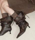  MQTIME  -  Autumn Winter Retro Soft Leather Weave Strap Women Ankle Boots Fashion Rivet Button High heels Slip-on Western Short Boots Shoes