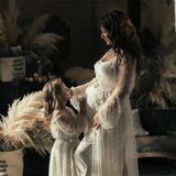 MQTIME  -  Sexy Perspective Pearl Maternity Photography Long Dress Full Sleeve Beading Tulle Long Dress for Pregnant Women Photo Shoot