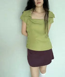  MQTIME  -  Olive Green High Neck Top Fashion Cap Sleeve Asymmetric Button Front Slim Fit Shirt Summer Trendy Lady Casual Elegant Tops
