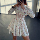 Mqtime Fashion Floral Printed Party Vestido Pleats A Line Dress Sexy See Through Mesh Fishbone Short Dress Women Long Sleeve Mini Dress