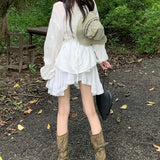 Mqtime Vintage Lace Stitching Solid Color All-match Cake Skirt Women Summer New High Waist Loose Casual Irregular A-line Skirt