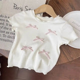 MQTIME  -  Summer 2025 Children Girl 2PCS Clothes Set Cotton Knotbow Short Sleeve Top For Baby Girl Pink Pink Wide Leg Pant Kid Girl Outfit