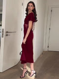 Mqtime Women Red Split Square Collar Velvet Lace Dress Sexy Backless Lace Up Flutter Sleeve Dresses Autumn Grace Party Wedding Vestido