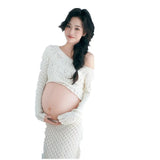 MQTIME  -  Women Maternity Dress for Photography White Elegant Knitted One-shoulder Pregancy Top Skirt for Studio Photo Shoot Clothing