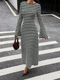 MQTIME  -  Slim Fit Knitted Long Sleeve round Neck Bell Bottom Striped Dress Cross Border New Style Fresh Sweet Style Casual Dress