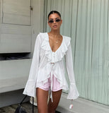 MQTIME  -  Elegant French Style Ruffle Chiffon Blouses Woman's Fashion Deep V Neck Long Sleeve Slim Tops Summer Beach Party Wear