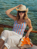  MQTIME  -  Women Blue Red Vertical Stripe Halter Tank Top U Neck Ruched Slim Crop Clothes Lady Summer Beach Vacation Casual Outfit