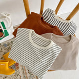  MQTIME  -  Spring Kids Basic Tee Unisex Striped Long Sleeve T-Shirt Soft Cotton Round Neck Casual Top