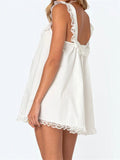 MQTIME  -  Women Mini Dress Lace Trim Fly Sleeve Bowknot Embellished Short Dress Summer Fashion Casual Dress
