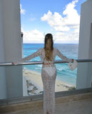 ﻿ MQTIME  -  Floral Lace Crochet Hollow Out Holiday Beach 2 Piece Set Cover Ups Women See Through O Neck Long Sleeve Crop Tops + Maxi Skirts