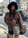MQTIME  -  Vintage Patchwork PU Leather Women Coat Zipper O Neck Lady Jacket 2024 Full Sleeve Fashion Autumn Winter Pocket Female Overcoat