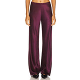 MQTIME  -  Women's Spring Summer Silk Satin Long Pants Elastic High Waist Solid Color Elegant Loose Fit Silky Wide Leg Trousers