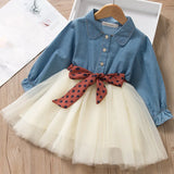 MQTIME  -  Spring Autumn Girls Dress Korean Version Denim Stitching Mesh Dress + Detachable Polka Dot Belt Suit Dress